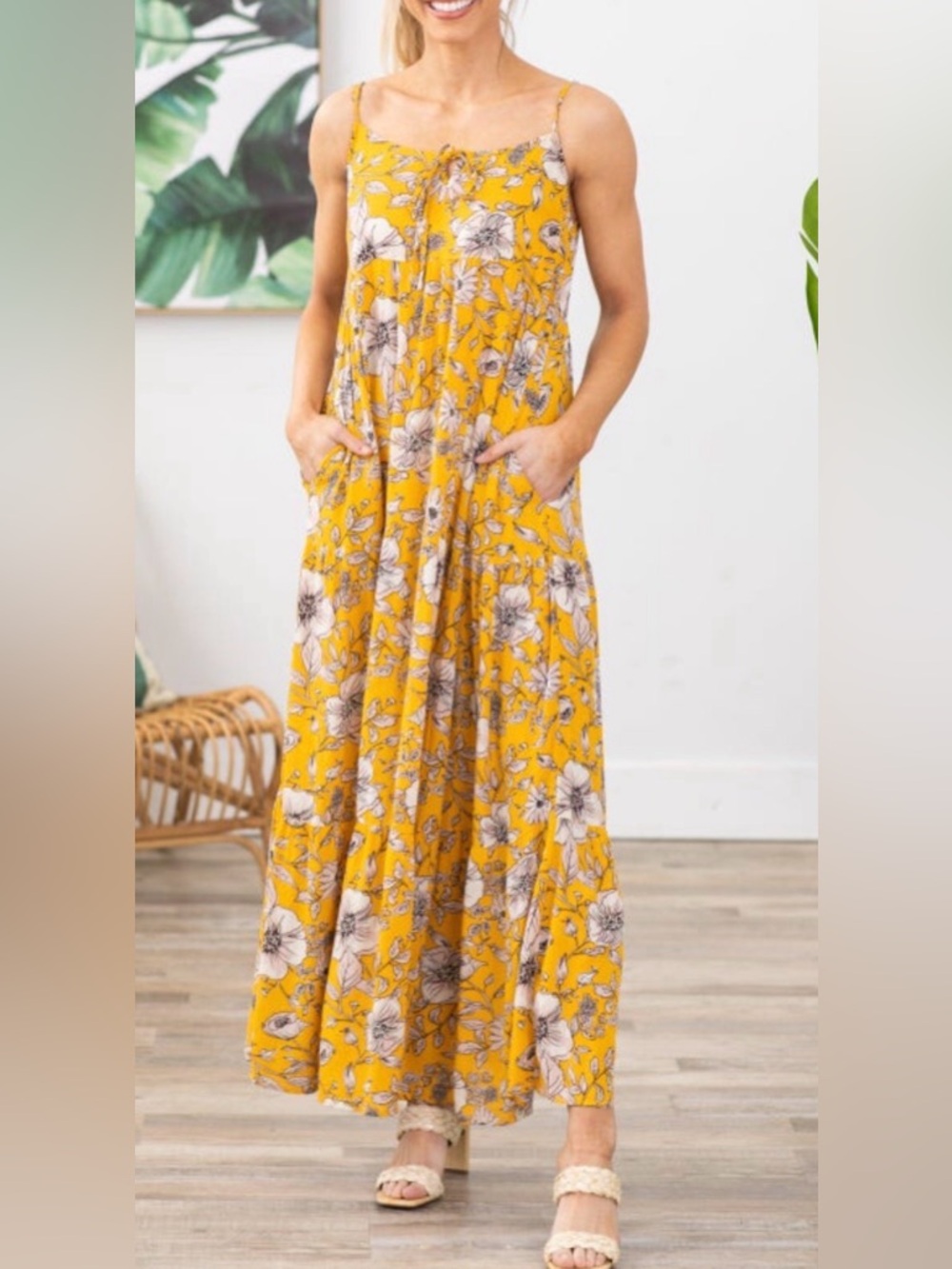 Yellow Floral Maxi Dress with Pockets